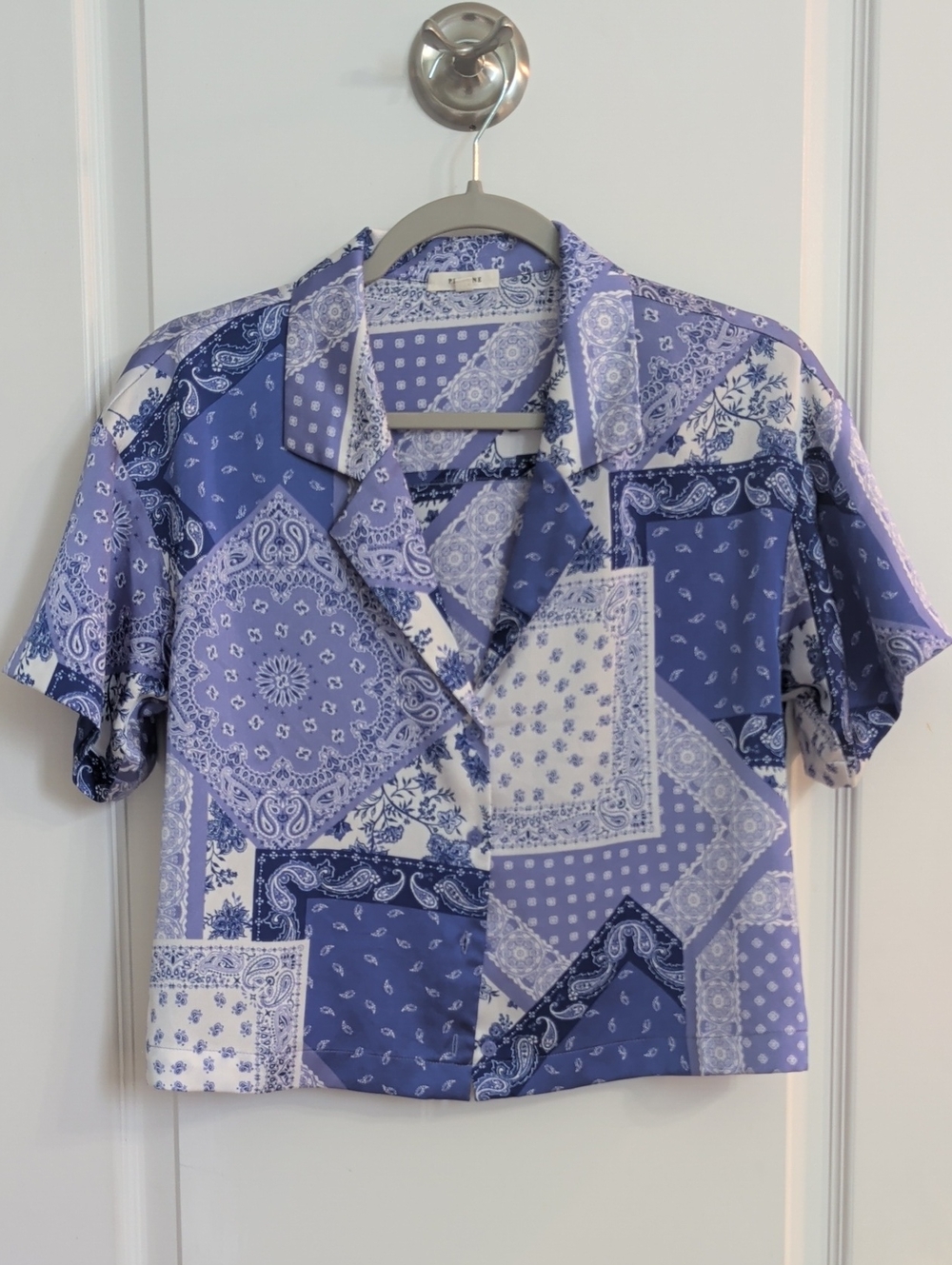 Pleione Periwinkle and White Patchwork Bandana Pattern Short-Sleeve button Shirt